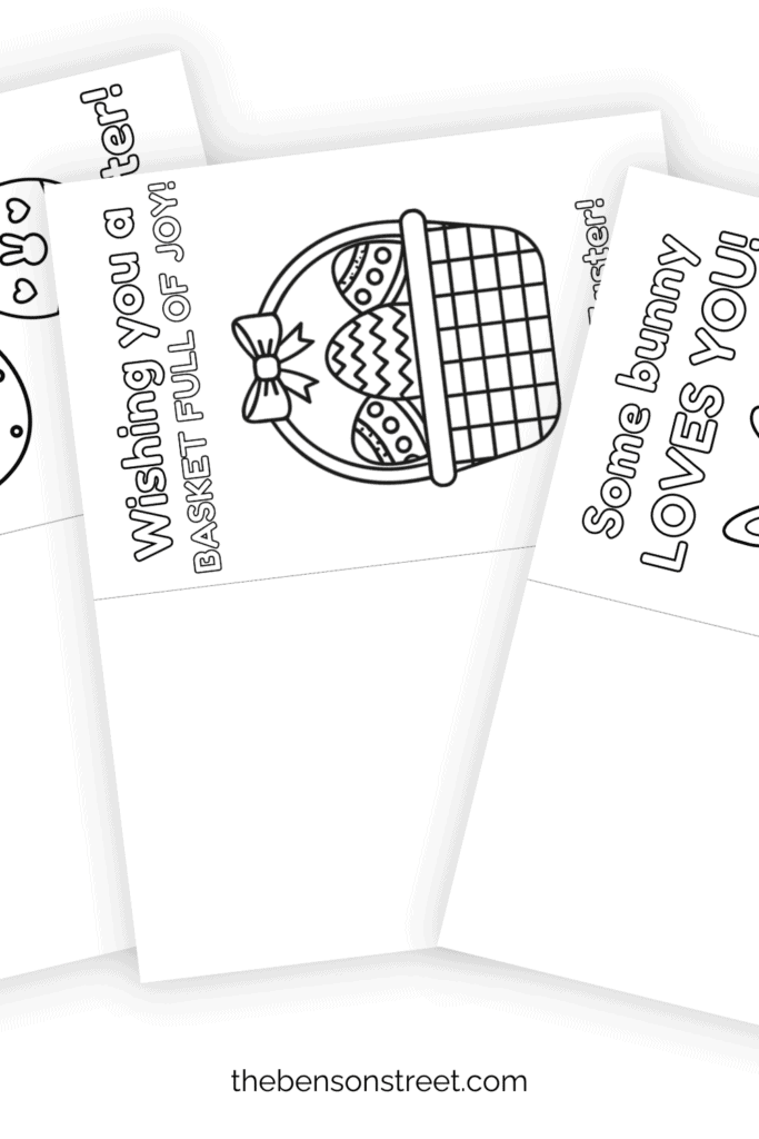 Three coloring cards for Easter greeting cards in a fanned out stack
