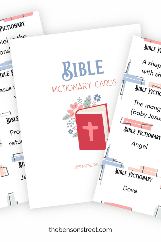 Three fanned out pages of Bible Pictionary Cards