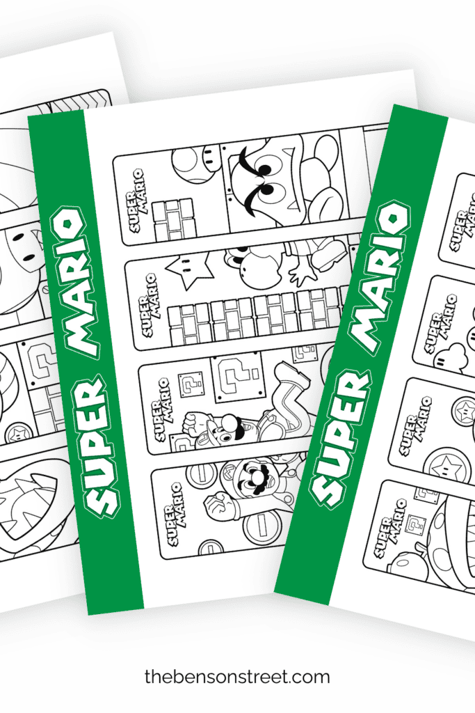 Three pages of fanned out stack of mario themed coloring bookmarks