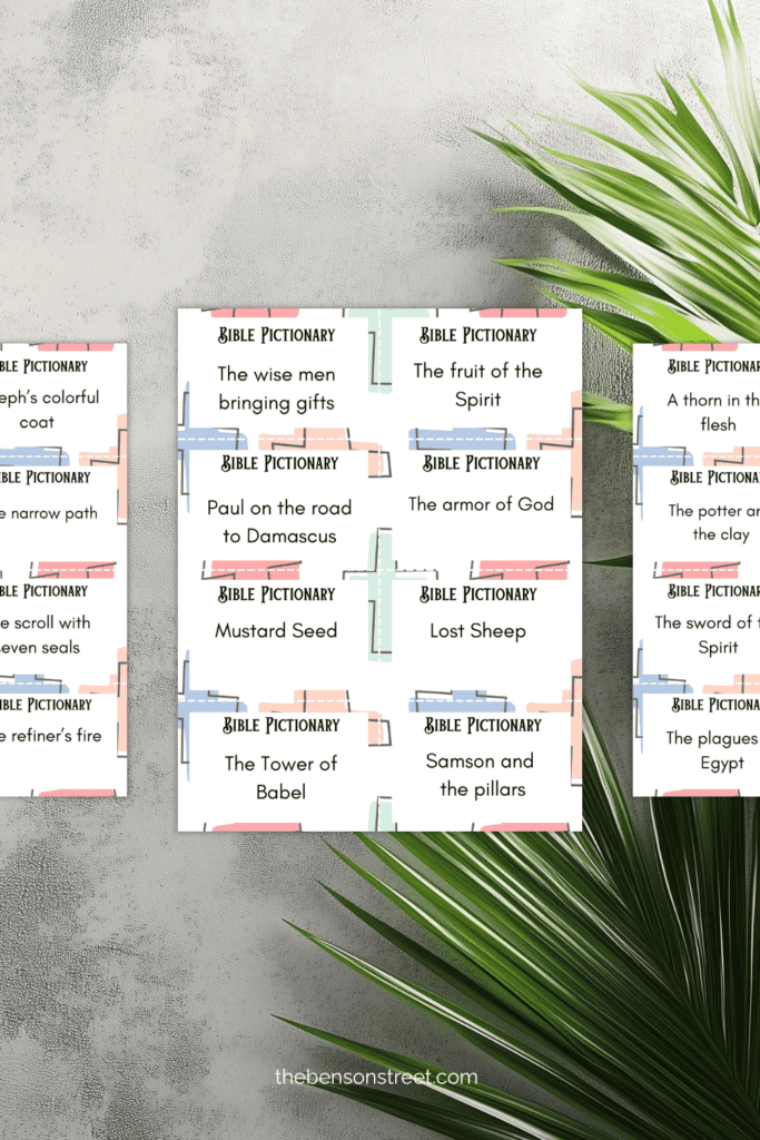Three pages of free printable Bible cards for a game of pictionary