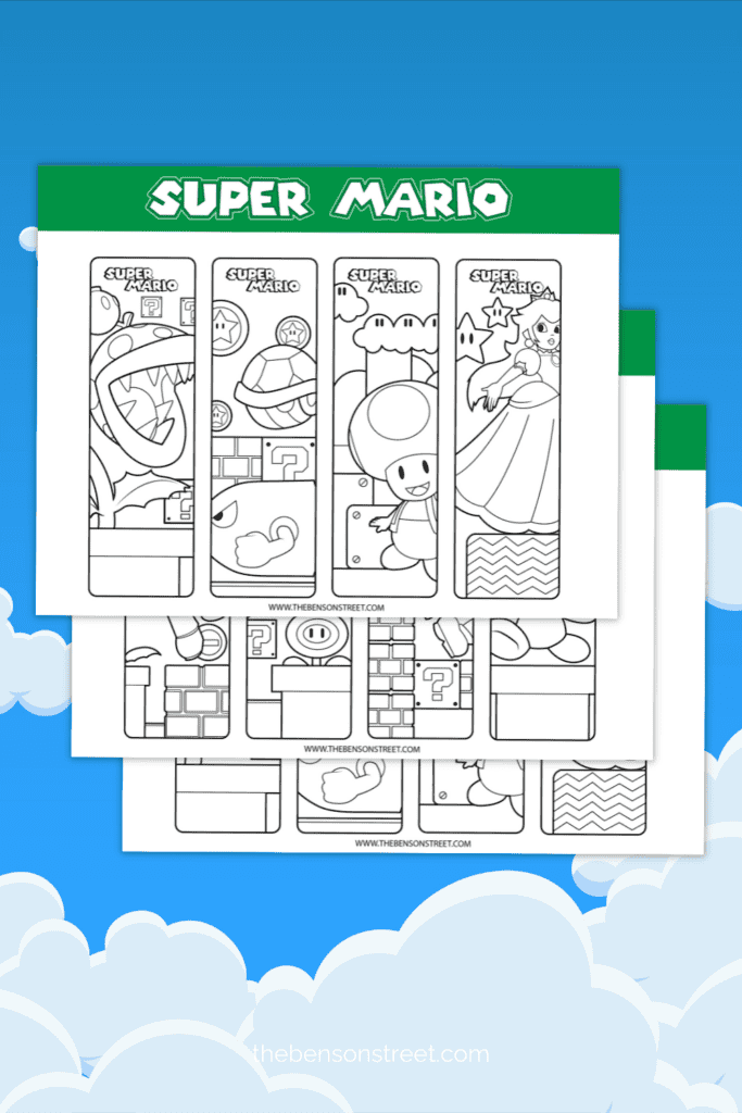 Three pages of free printable Mario bookmarks to color and personalize