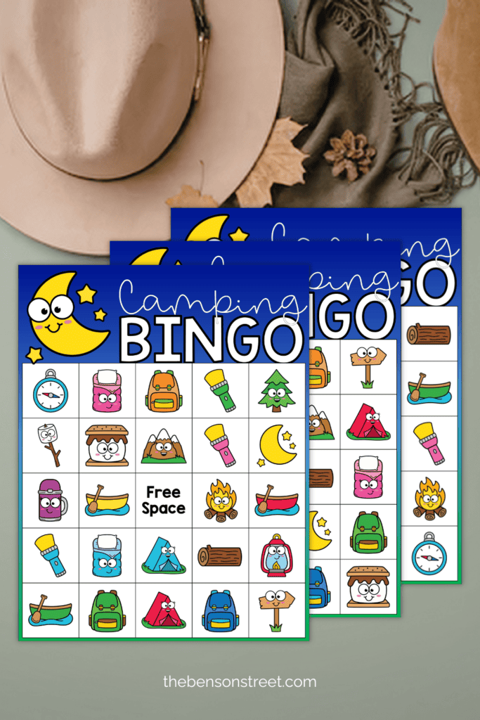 Three pages of free printable camping bingo cards