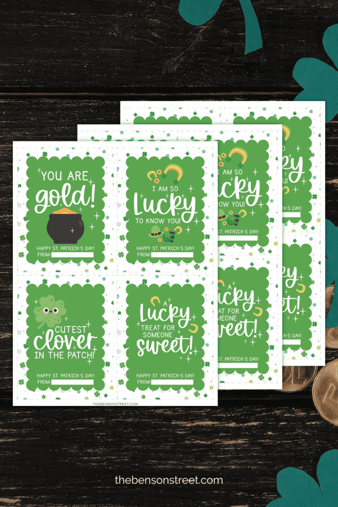 Three pages of printable cards for March 17th in a pile