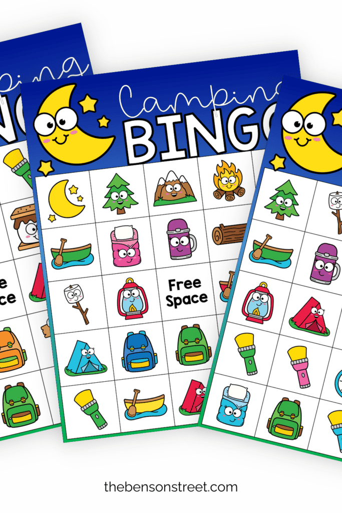 Three sheets of Camping bingo boards free to print