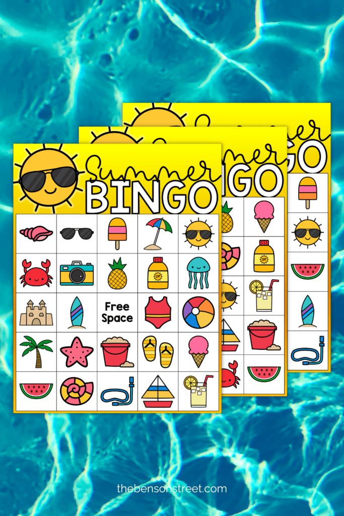 Three summer bingo boards on a pool water background