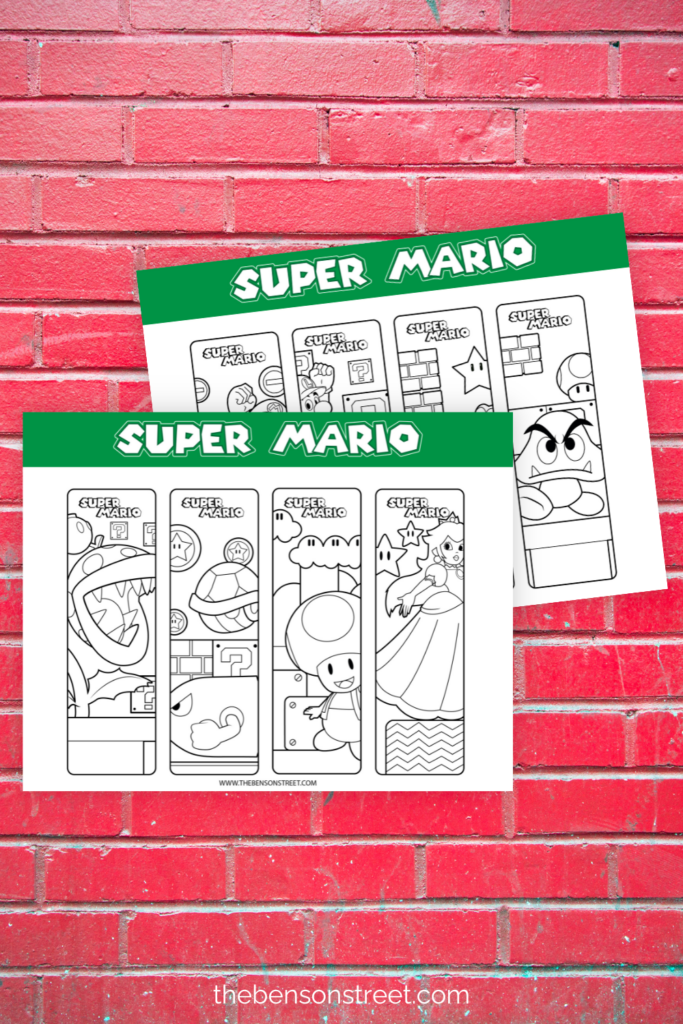 Two pages to color of Super Mario Themed Bookmarks