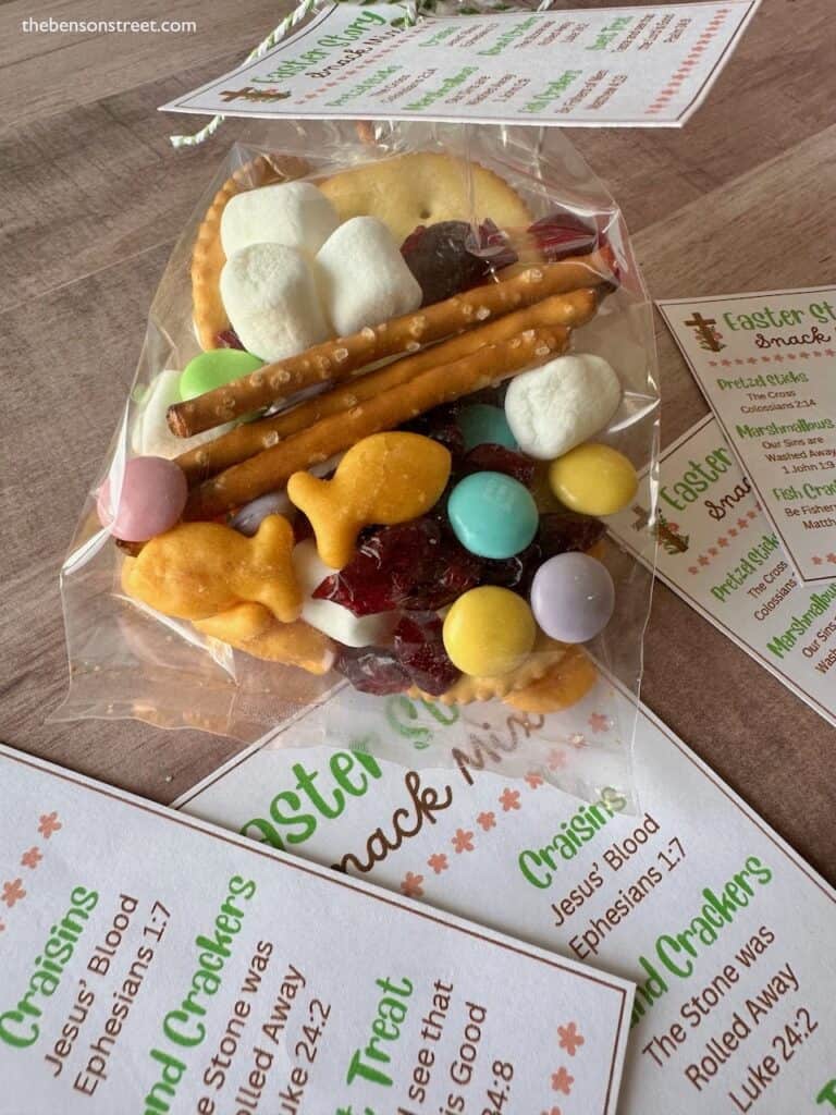 Up close shot of a bag of easter snack mix