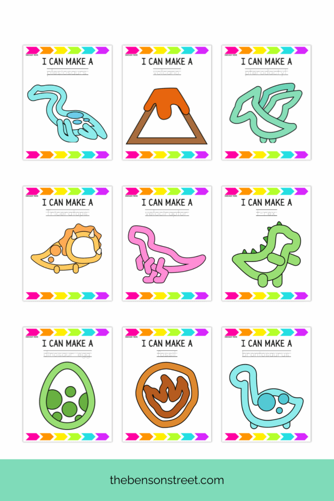 9 Sheets of playdough prehistoric dinosaur themed mats for kids