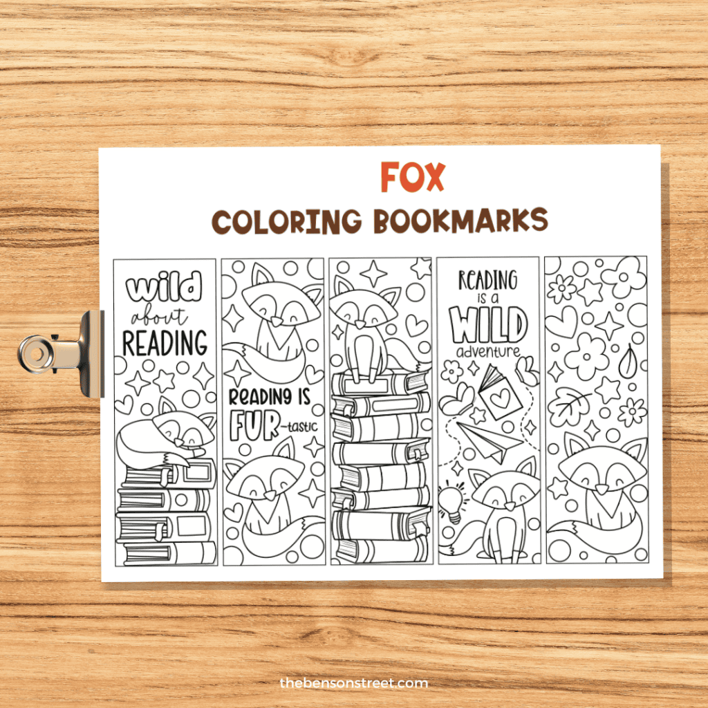 A Sheet of Free Printable Fox Coloring Bookmarks for kids to customize on a clip