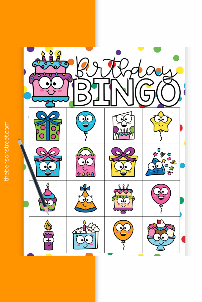 A birthday bingo board with a pencil on top
