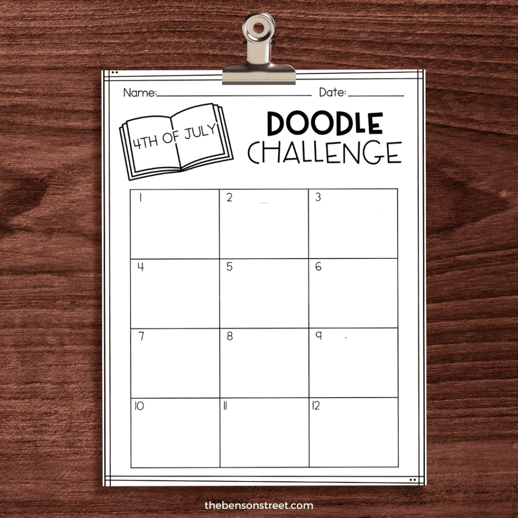 A blank sheet of a 4th of July doodle Challenge ready to fill in with drawings