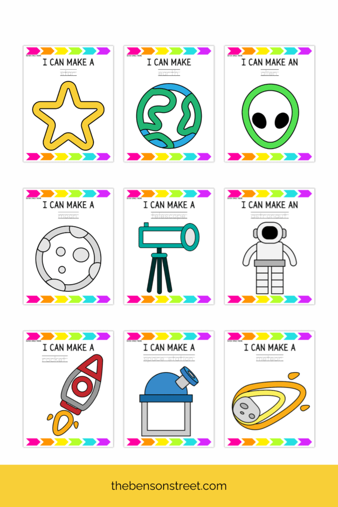 A bunch of space items to form out of playdough on free printable mats