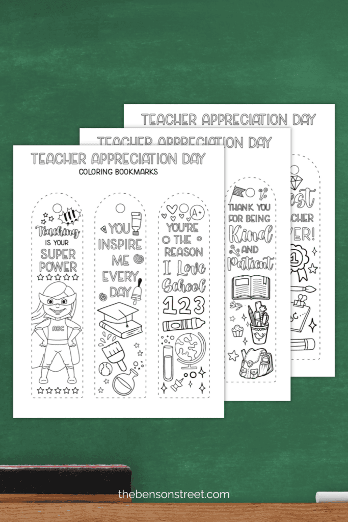 A chalkboard background with a bunch of black and white bookmarks to color in
