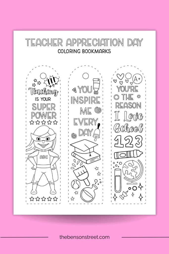 A page of three bookmarks for coloring in and gifting to teachers