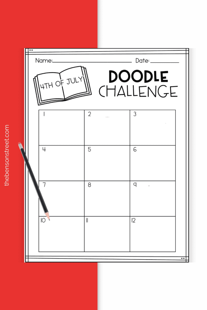 A pencil on top of a sheet for drawing patriotic doodles on for kids 