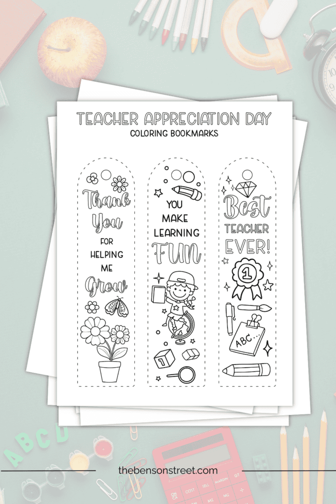 A stack of papers with free printable teacher appreciation coloring bookmarks
