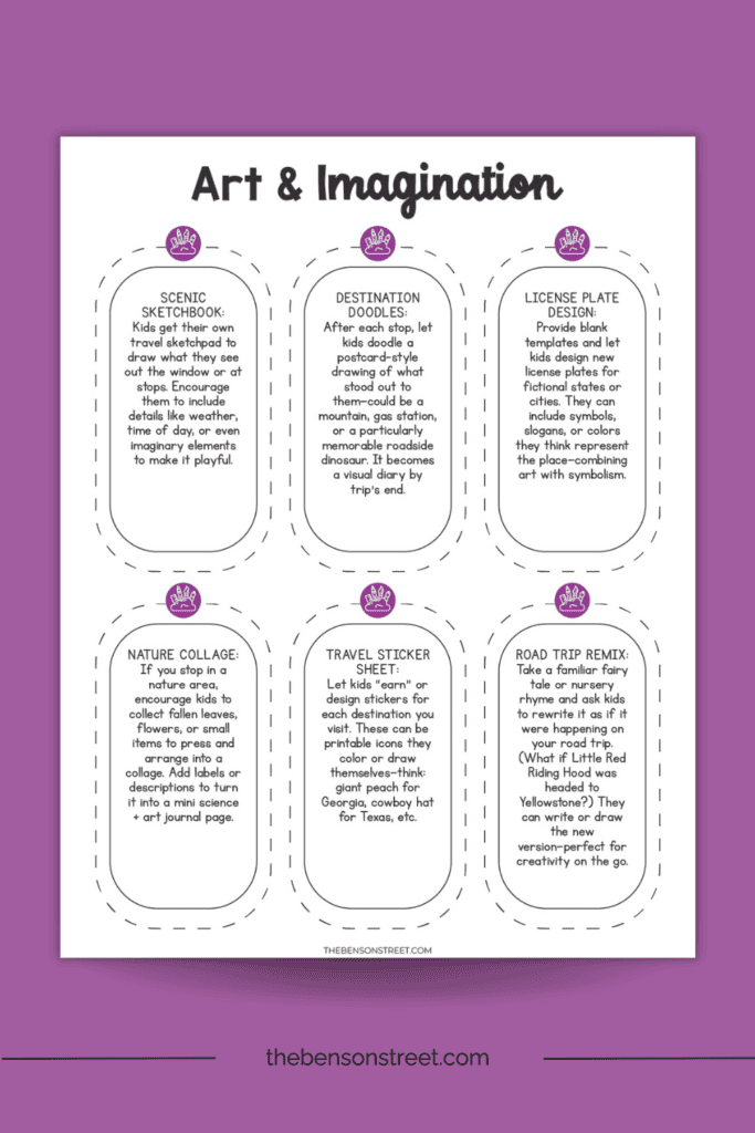Art and imagination games and activities sheet for car rides