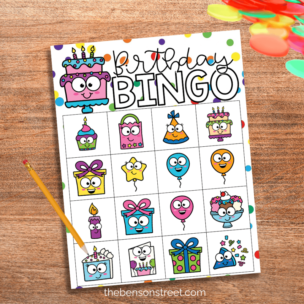 Bingo board with a birthday theme and bingo chips laying around