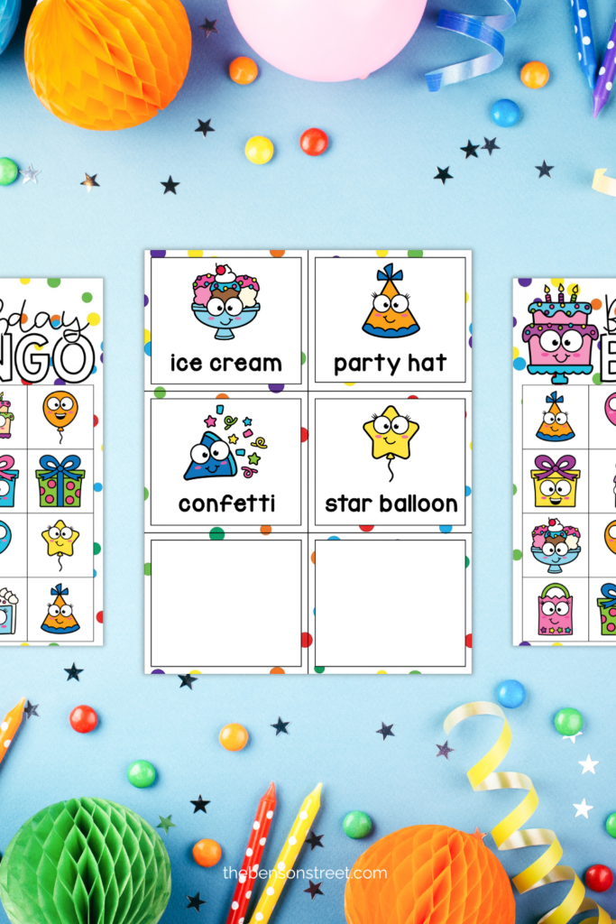 Birthday calling cards and bingo boards for a party game