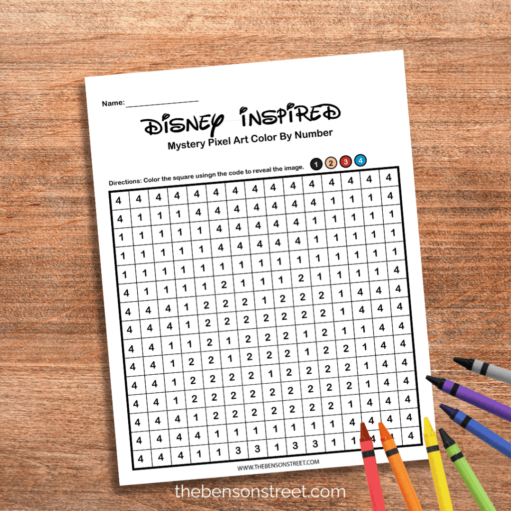 Blank Disney Inspired Mystery Pixel Art Color by Number Page with crayons