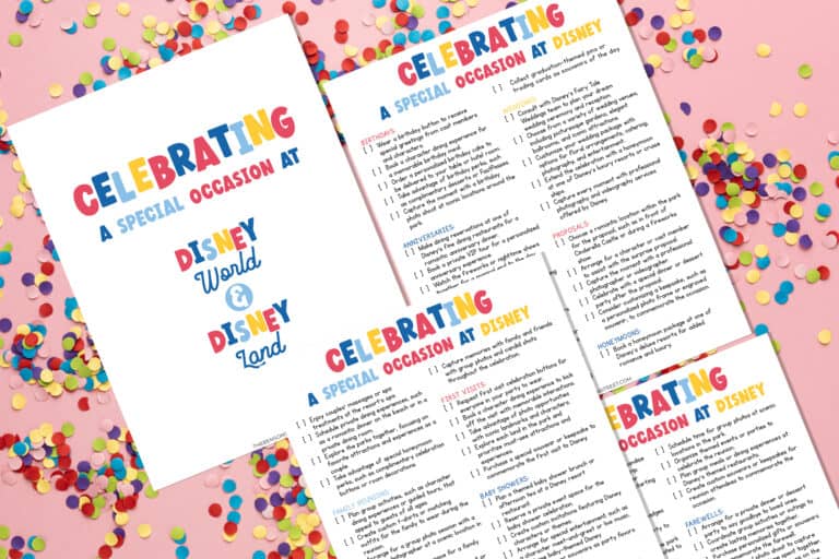 Flat lay of pages for a special occasion at Disney checklist