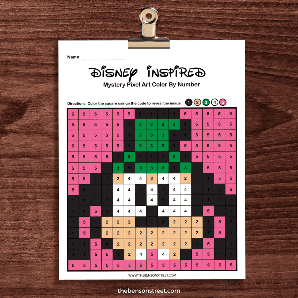 Colored in goofy pixel art color by number page on a clip
