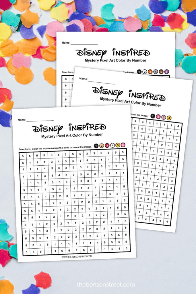 Disney inspired pixel art color by number sheets free printable