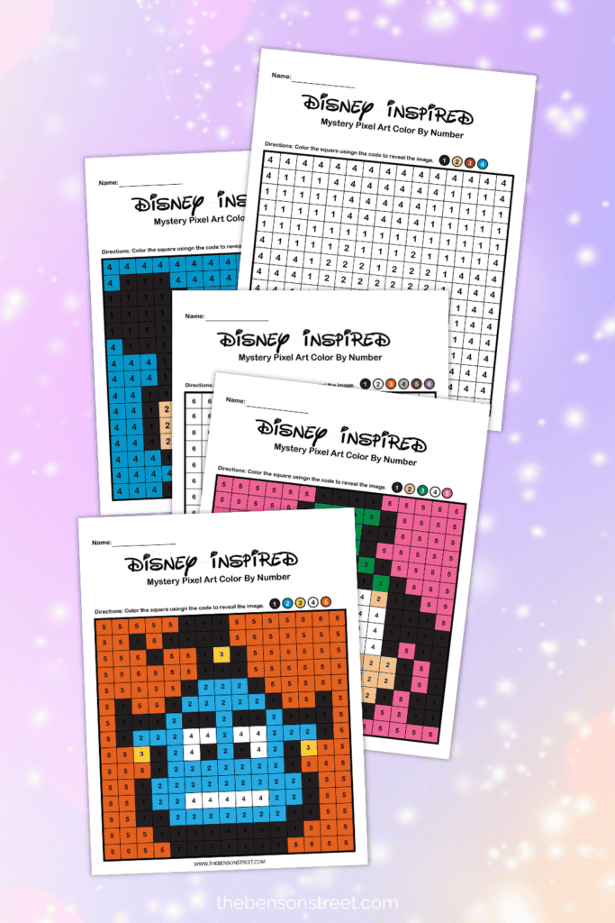 Disney inspired pixel art color by number sheets free printable