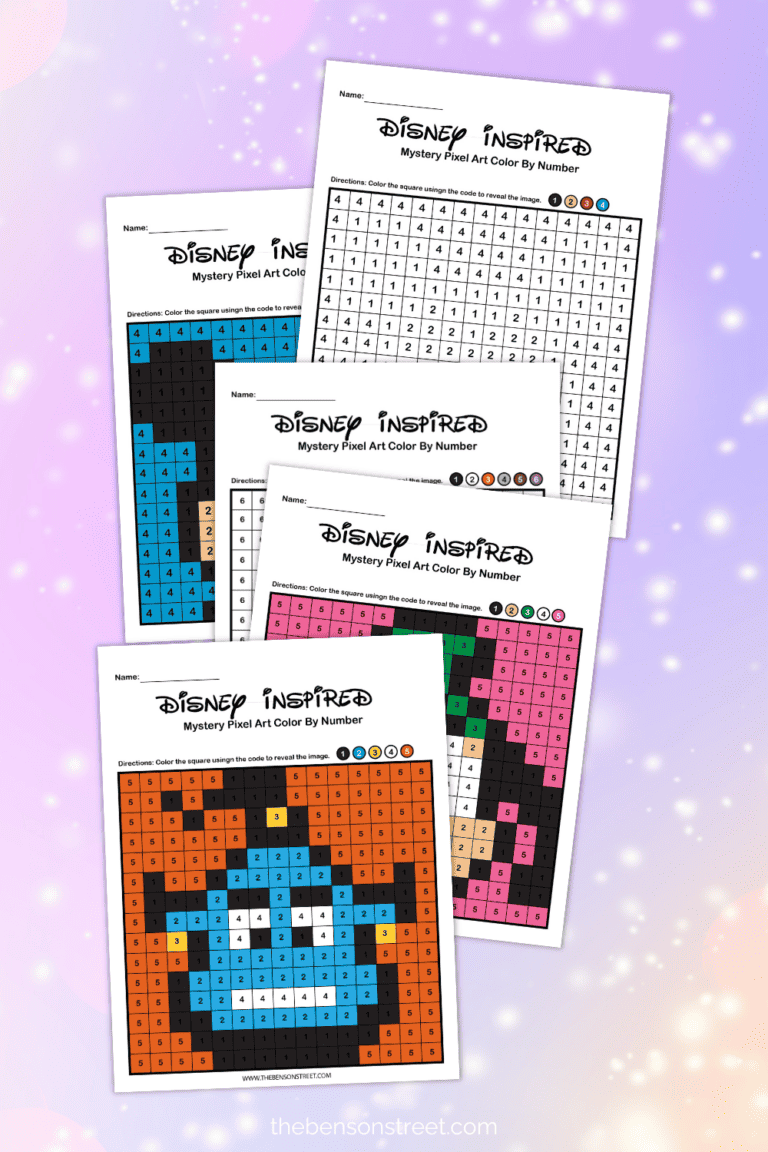 Disney inspired pixel art color by number sheets free printable