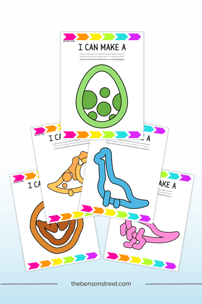 Five different pages from a free printable play-doh mats bundle with dinosaurs