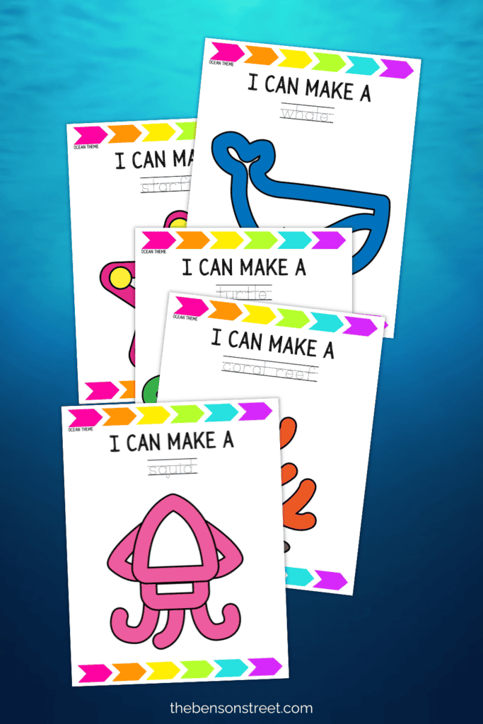 Five different printable pages with ocean animals to make out of playdough