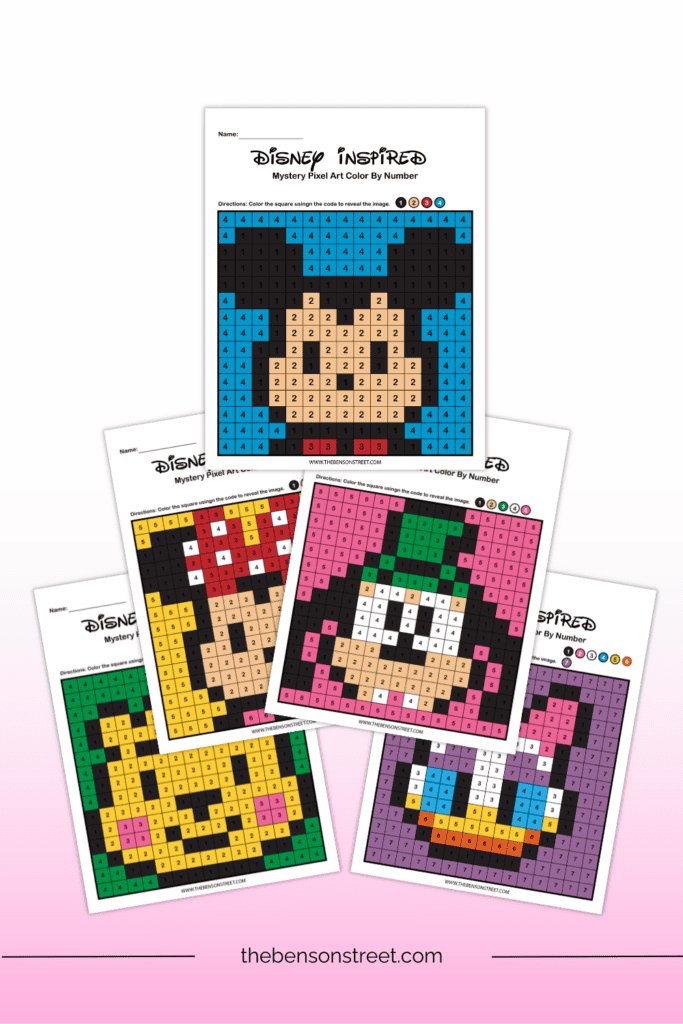 Five filled in color by number pixel disney coloring pages