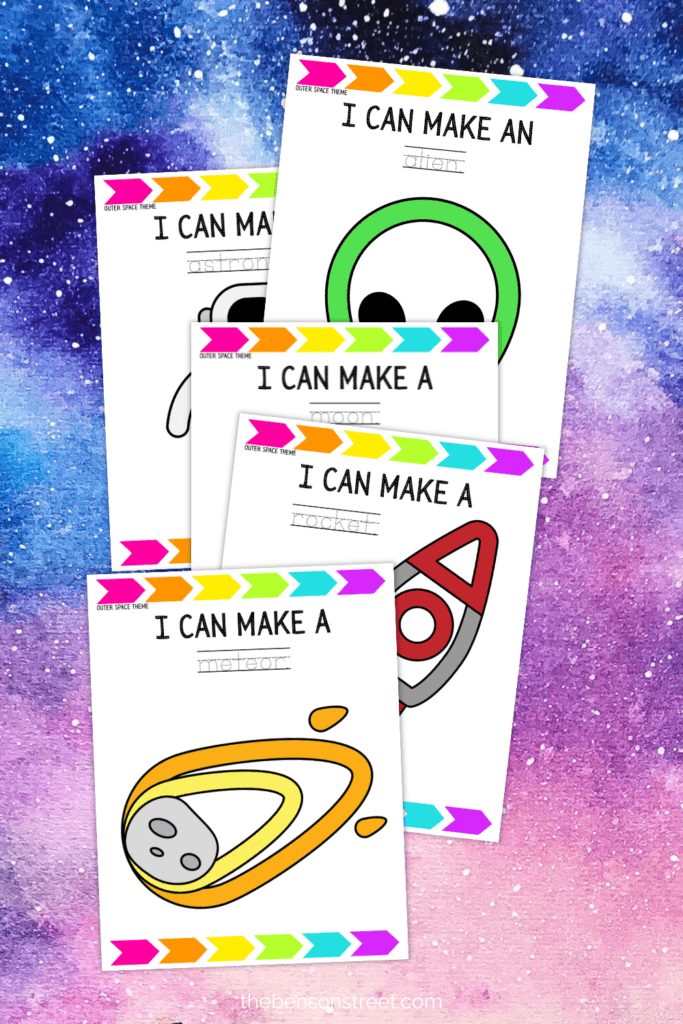 Five printable sheets of fine motor skill playdough mats with a space theme