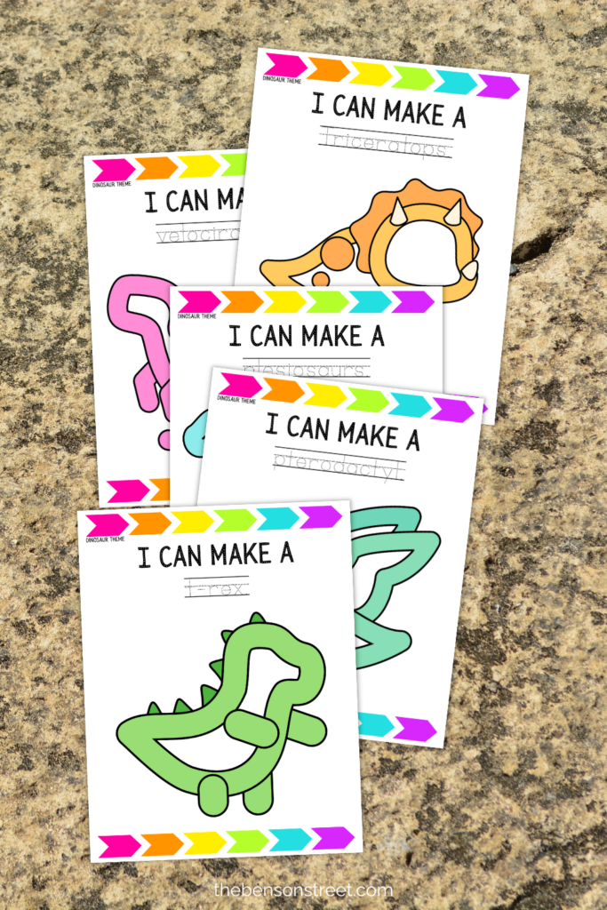 Five themed playdough mats for kids with different types of dinosaurs on each on