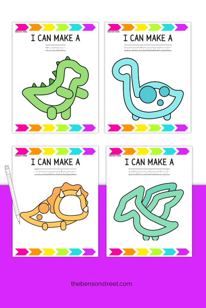 Four different dinos to make out of playdough on free printable mats