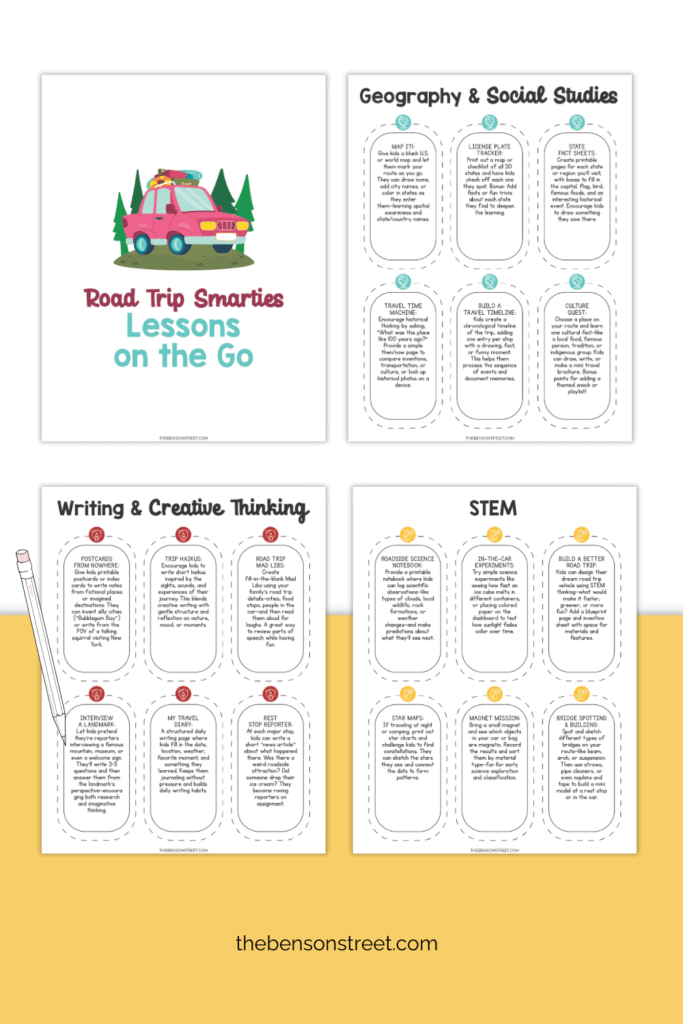 Four sheets of a free printable of lessons on the go for kids on trips in the car