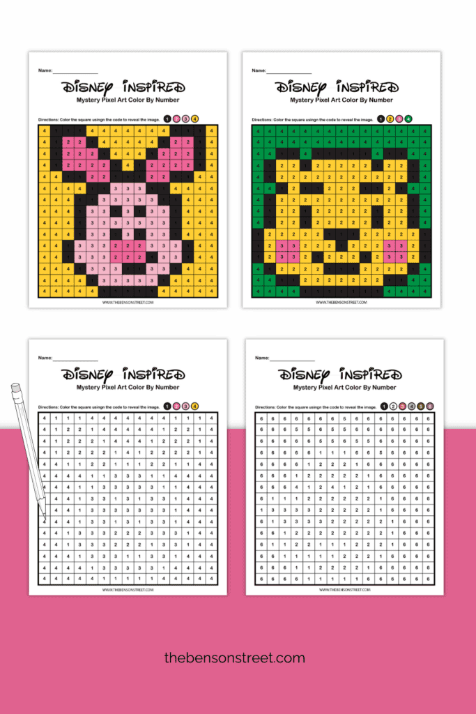 Four sheets of color by number disney characters with pixel art