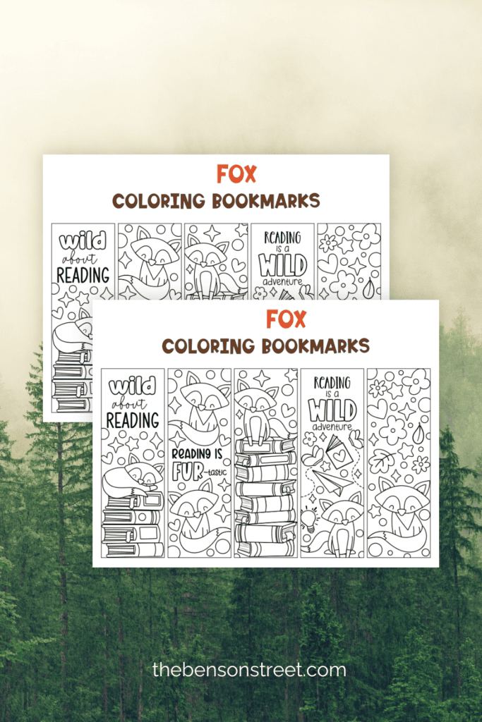 Fox Coloring Bookmarks with green trees in the background