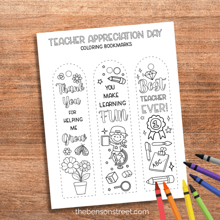 Free sheet of teacher appreciation day coloring bookmarks