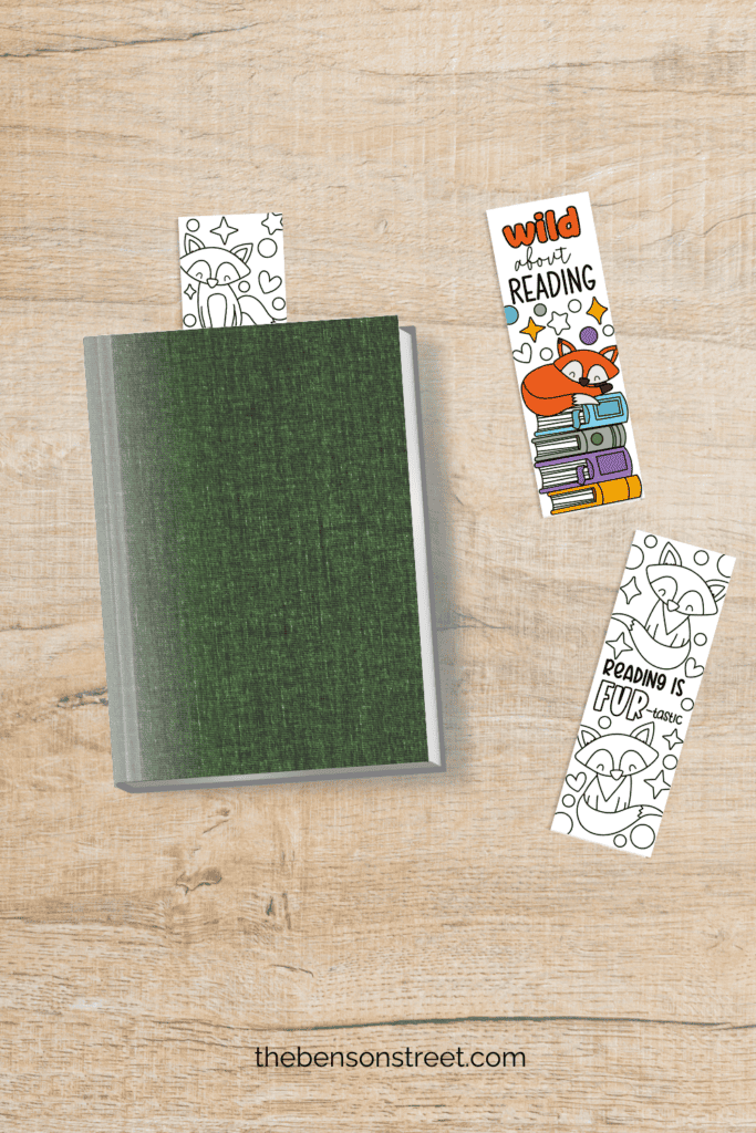 Free to Print Coloring Bookmarks with foxes in a book and on a table