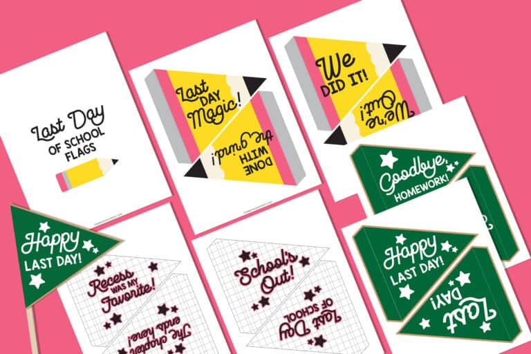 Flat lay of printable sheets of flags for the last day of school