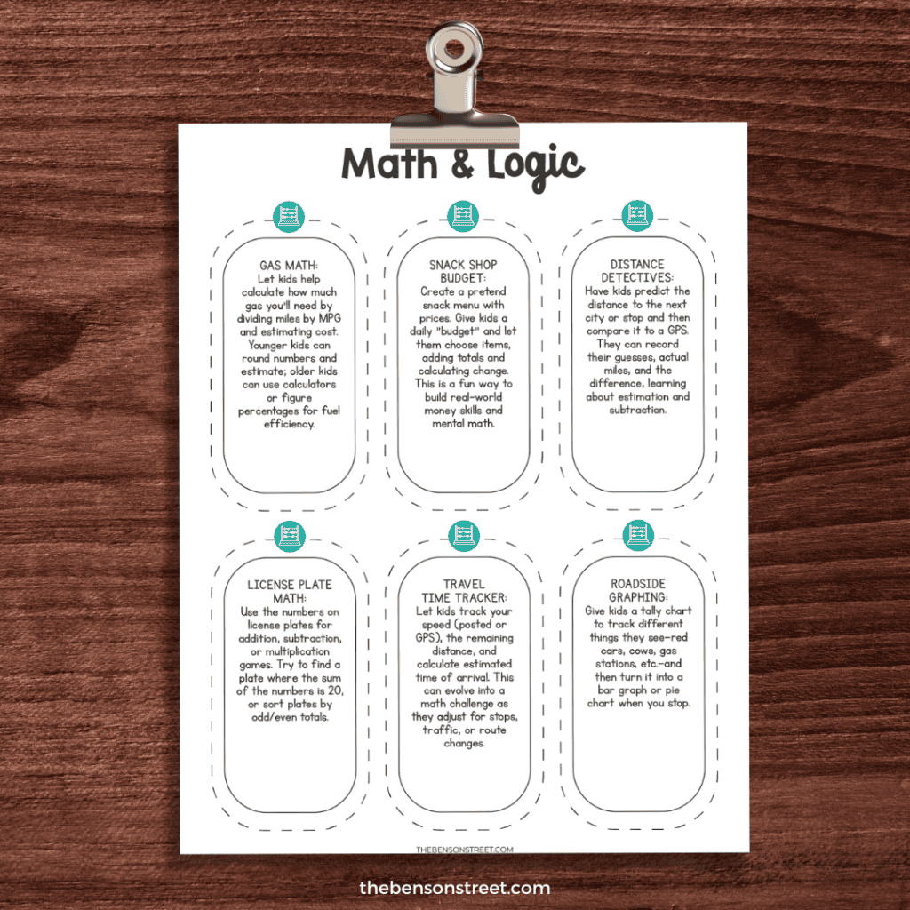Math and Logic Activities for games on road trips on a clip board