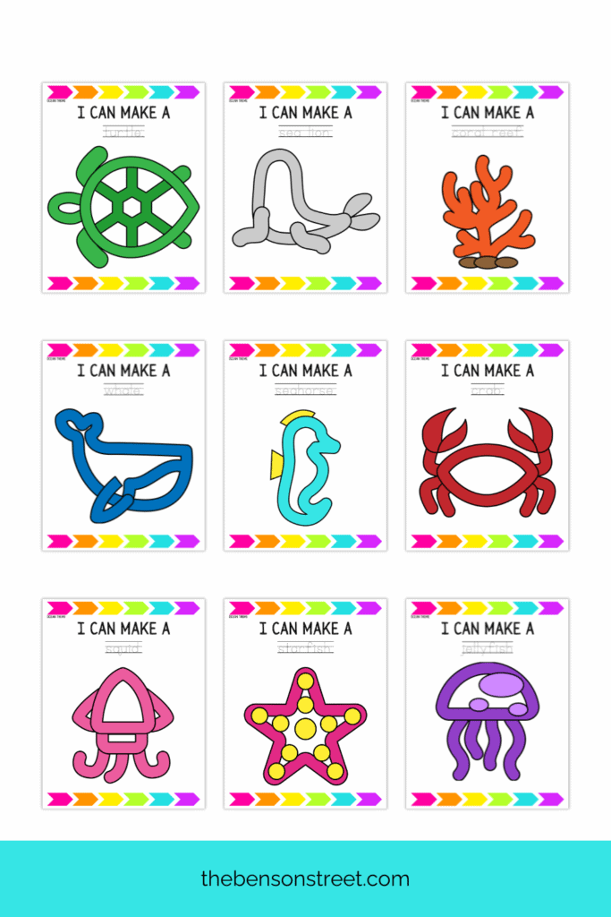 Nine different Ocean-themed playdough mats for kids to create