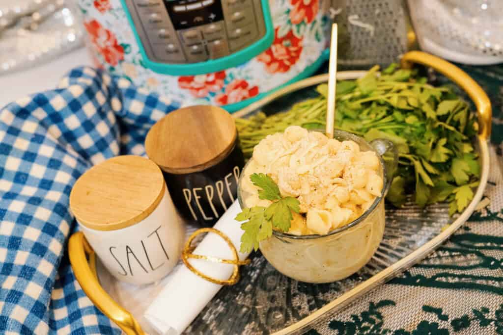 Overhead shot of a bowl of shells and cheese in an instant pot