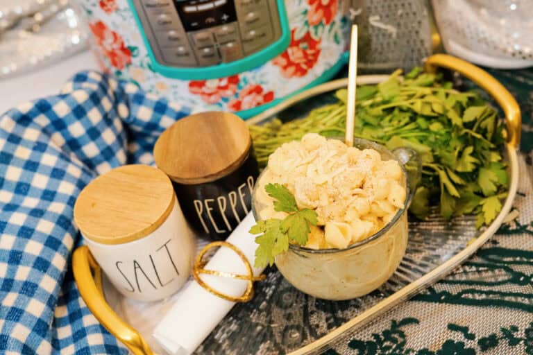 Overhead shot of a bowl of shells and cheese in an instant pot