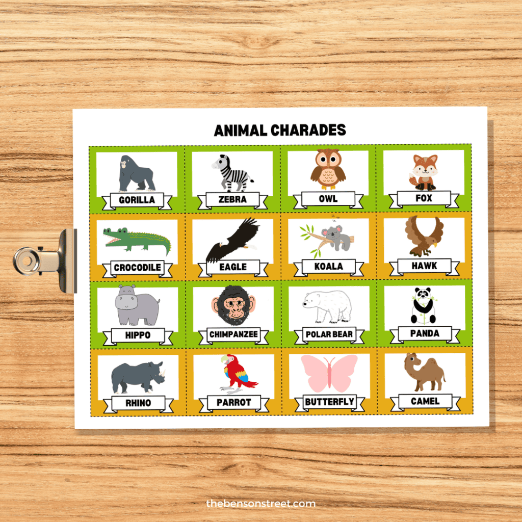 Printable page of different animal cards on a clip