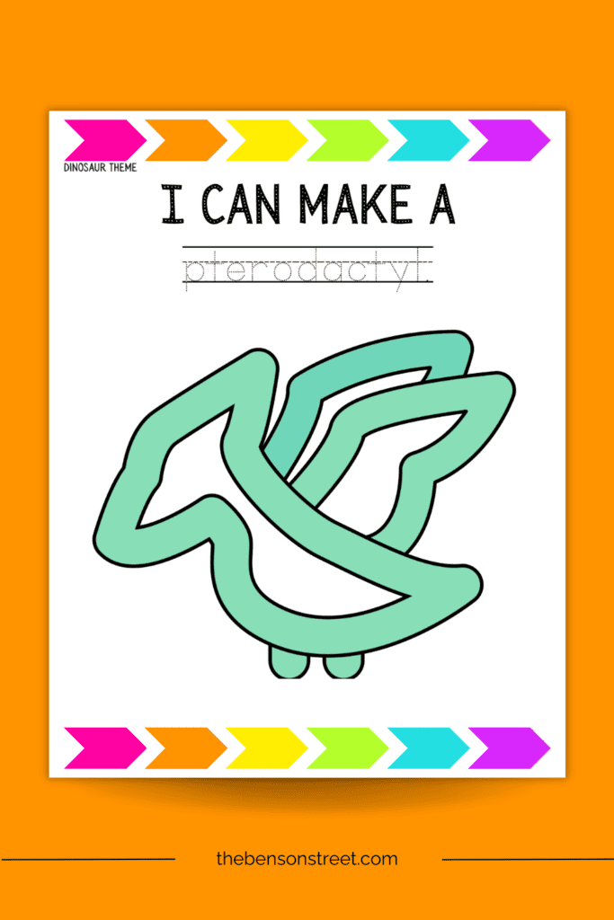 Pterodactyl printable play-doh mat for kids on an orange background