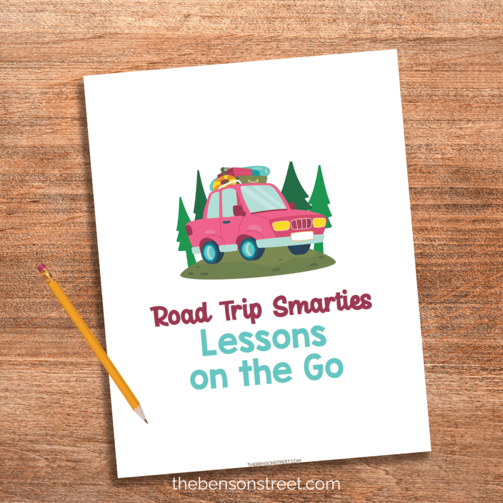 Road trip lessons and games for learning on the go title page with a pencil on top