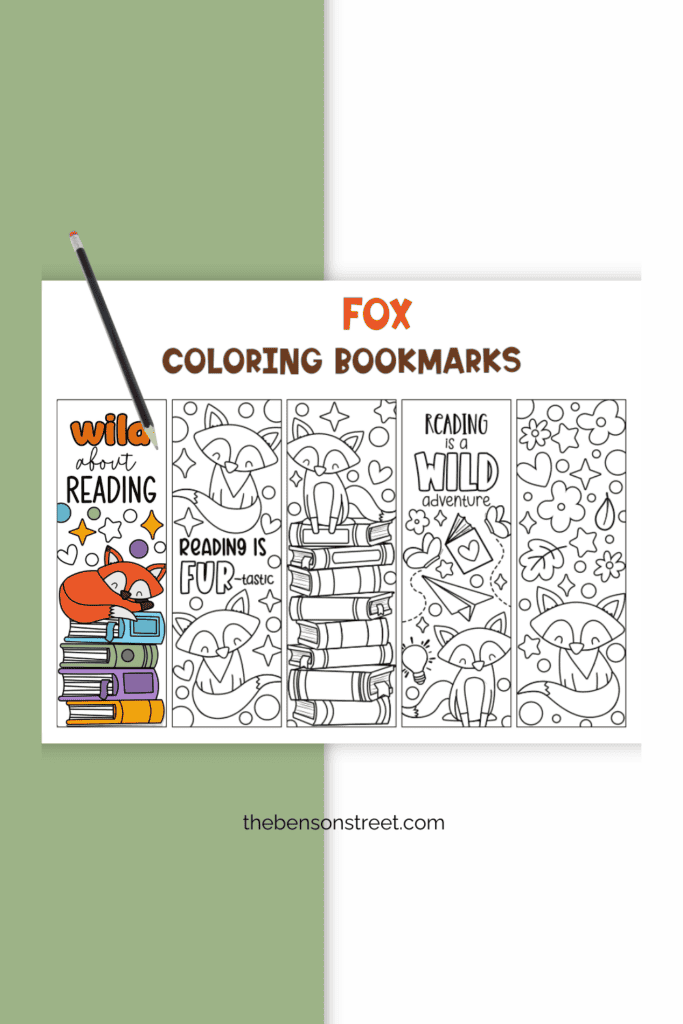 Sheet of coloring bookmarks for kids with foxes on them and a pencil on top