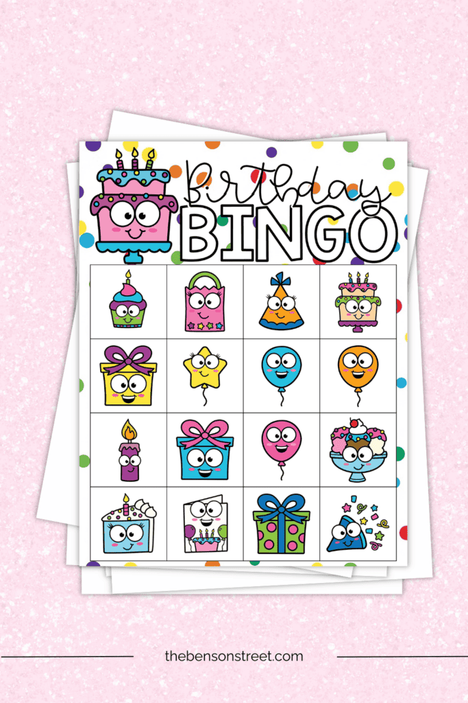 Stack of papers with a birthday bingo board on top